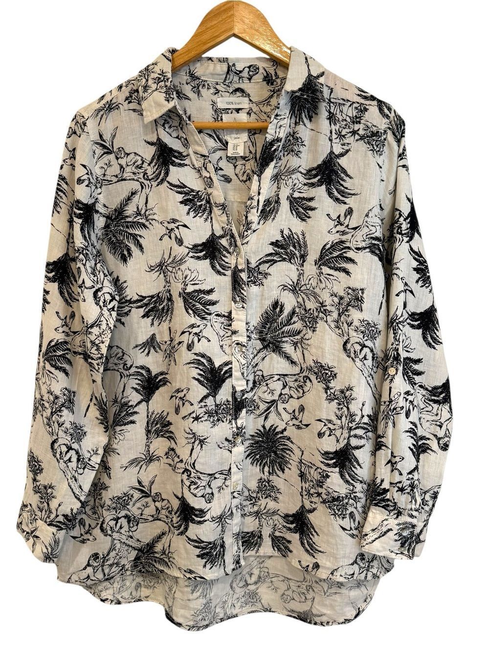Joie Cream and Black Tropical Chinoiserie Linen Long Sleeve Button Down Shirt